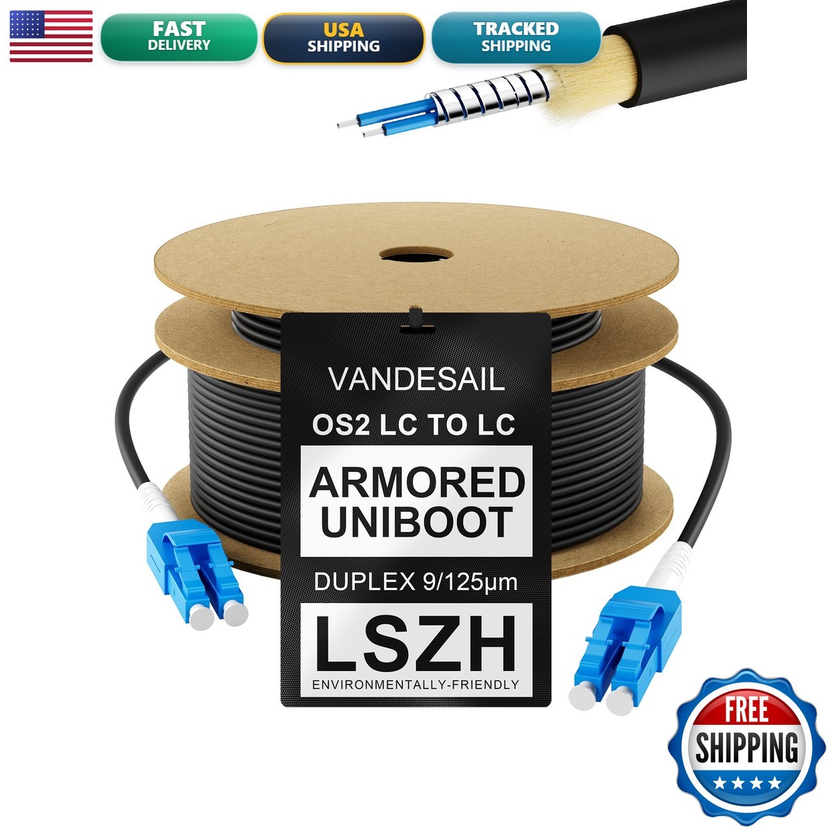 VANDESAIL 150M LC-LC Single Mode OS2 Armored Fiber Cable 492FT