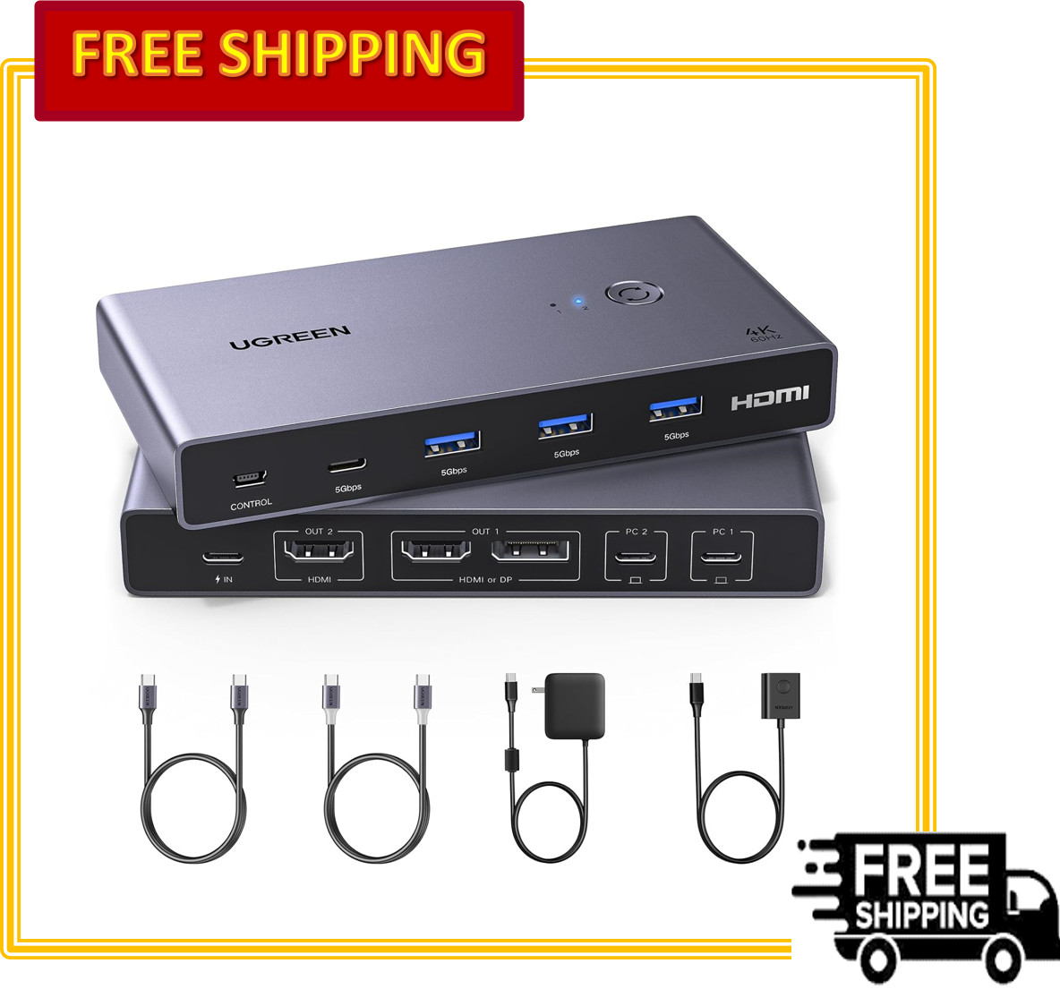 UGREEN USB-C KVM Switch 2 Monitors 2 Laptops with 4 USB 3.0 Ports 4K@60Hz