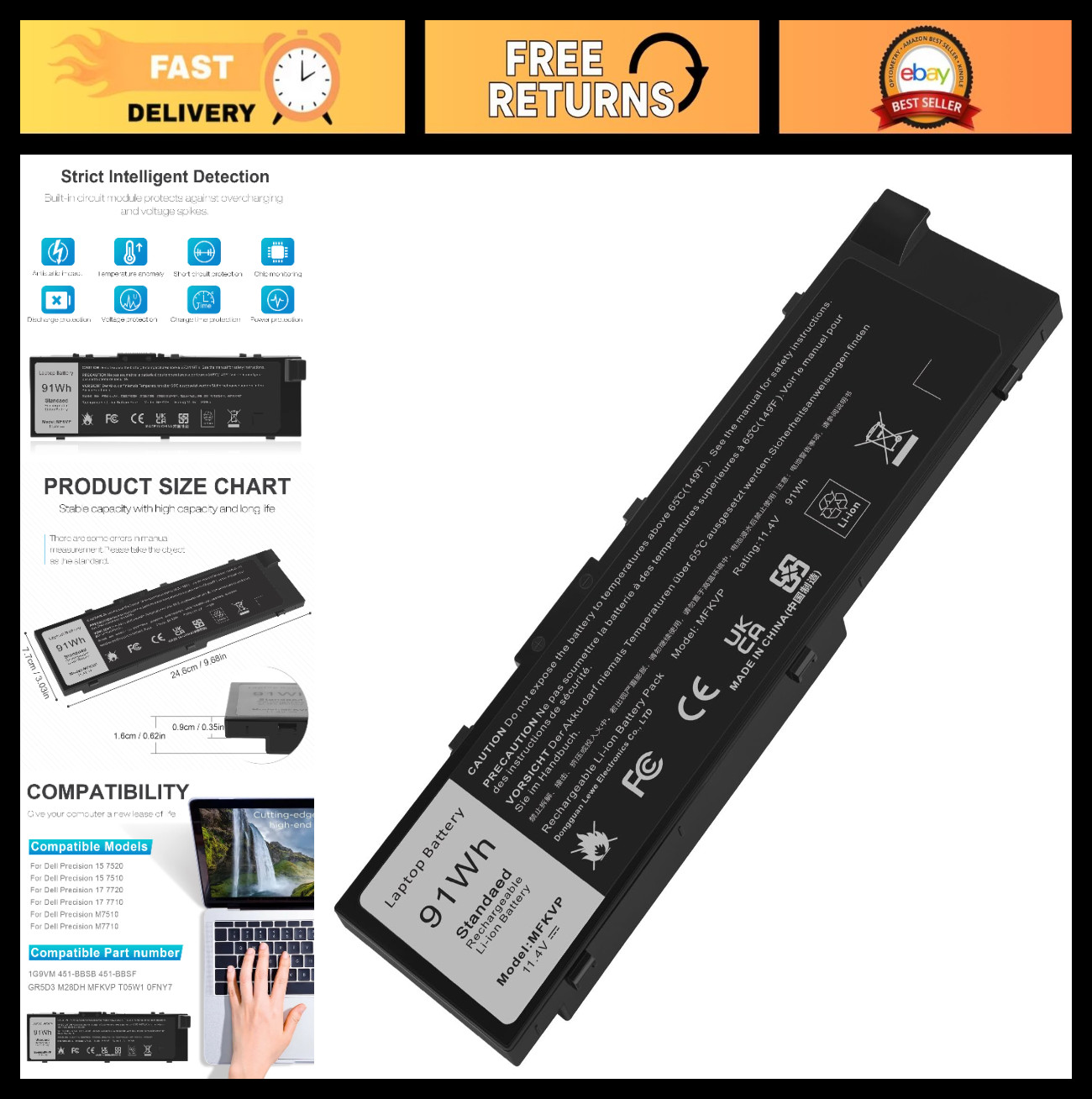 High-Capacity Laptop Battery for Dell Precision 15/17 Series 451-BBSF 91Wh 11.4V