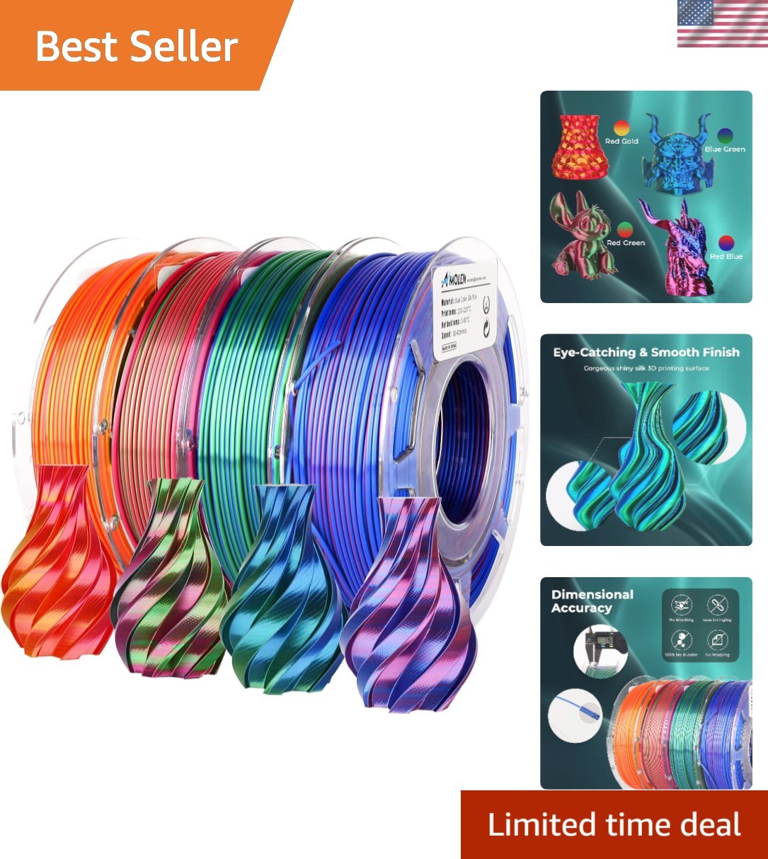 Elevate 3D Printing with Vibrant 4 Pack Silk PLA Dual Color Filament 1.75mm