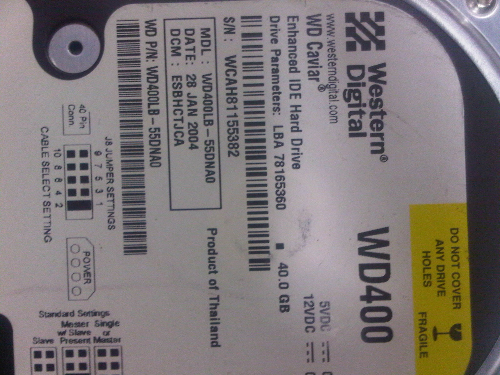 Western Digital WD400 WD400LB-55DNA0 DCM: ESBHCTJCA HARD DISK DRIVE