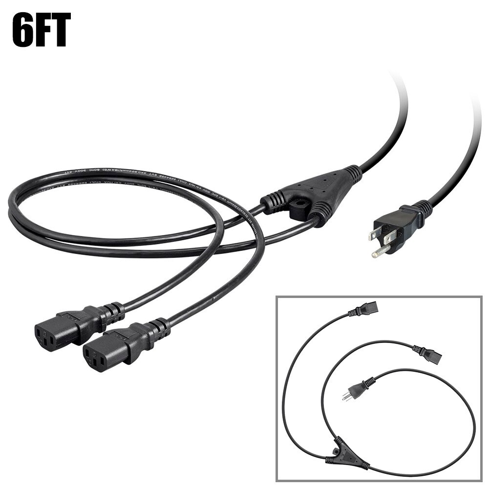 6FT Power Extension Cord Splitter Cable NEMA 5-15P To 2 IEC 60320 C13 10A 18AWG