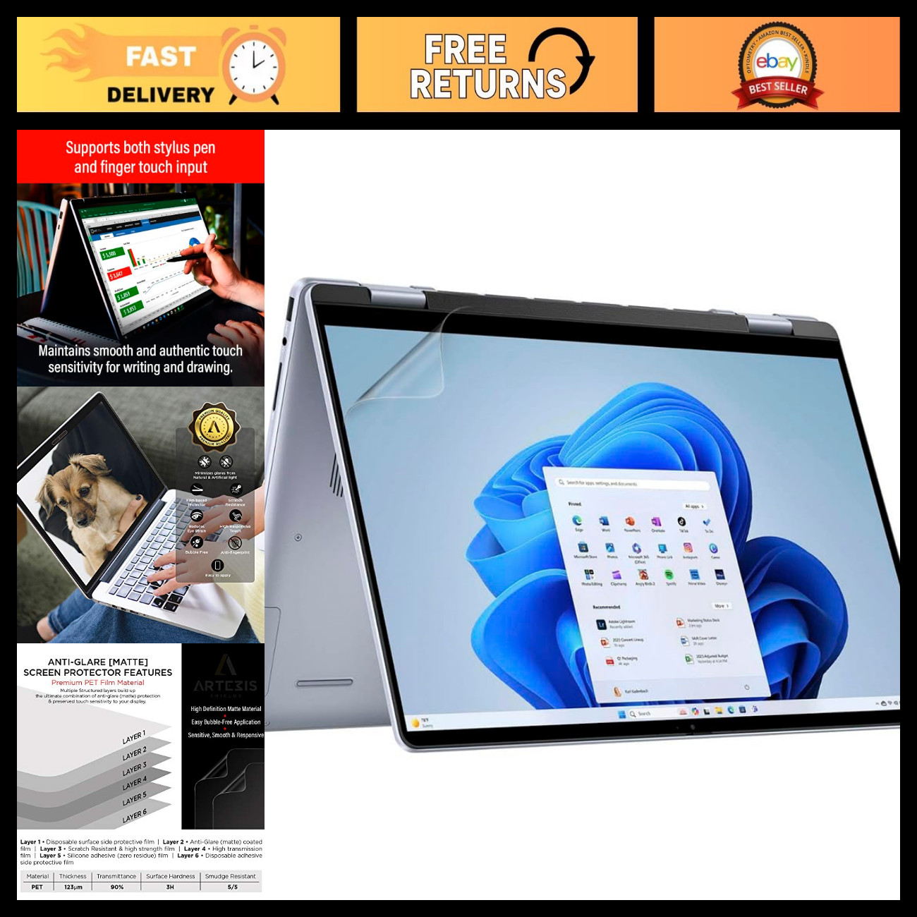 Matte Anti-Glare Screen Protector for 16" Touch Laptop - 2 Pack, Fits Dell Inspi