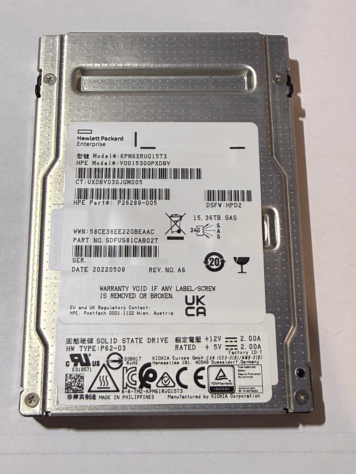 HPE 15.36TB SAS SSD 2.5" RI PM6 VO015300PXDBV P26289-005 KPM6XRUG15T3 24Gbps