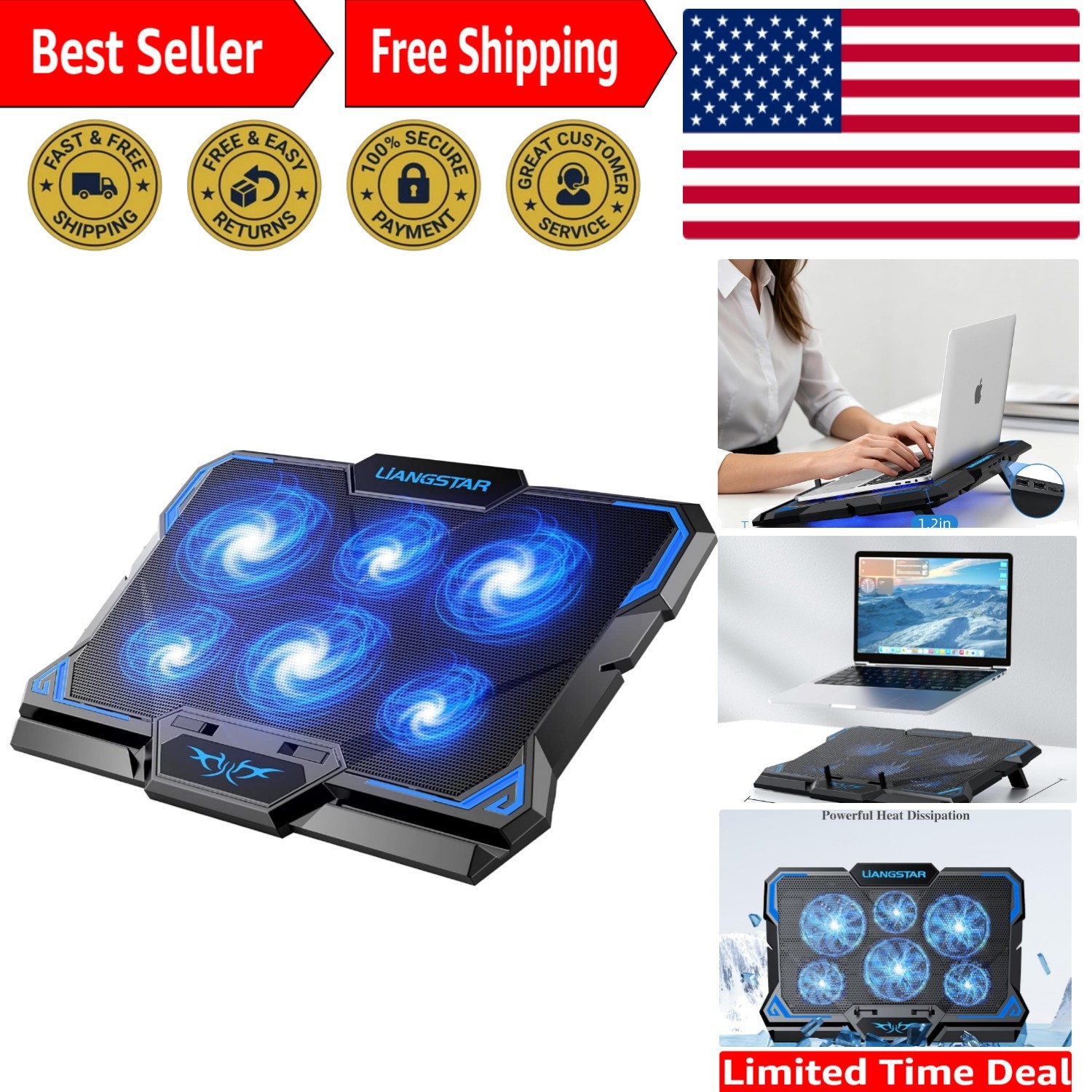 Ultra Slim Laptop Cooling Pad with 6 Quiet LED Fans for 15.6-17 Inch Laptops