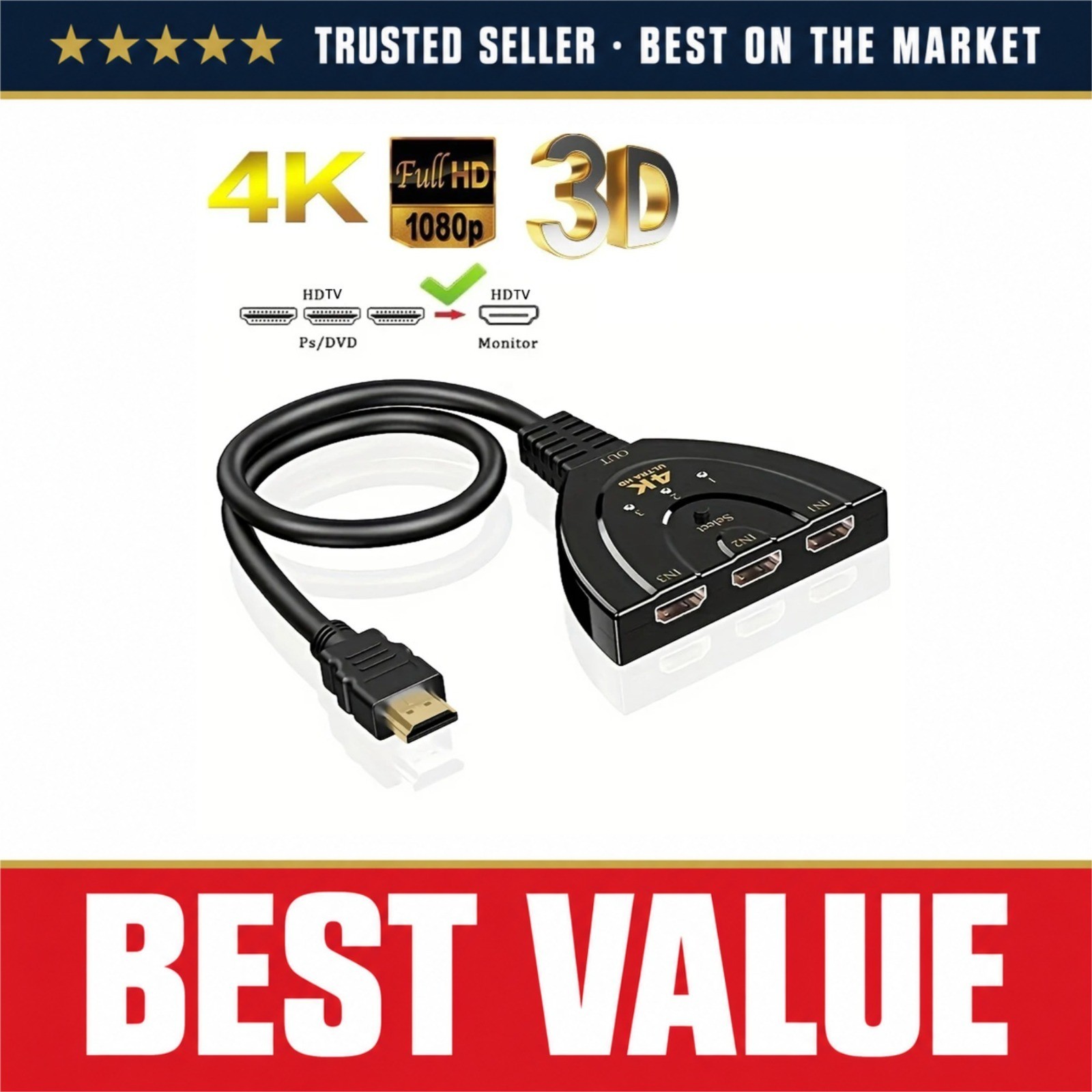 HDMI Switch 3 Port 4K 3D Video Switcher 3 In 1 Out Hub for Xbox PS4 PC TV
