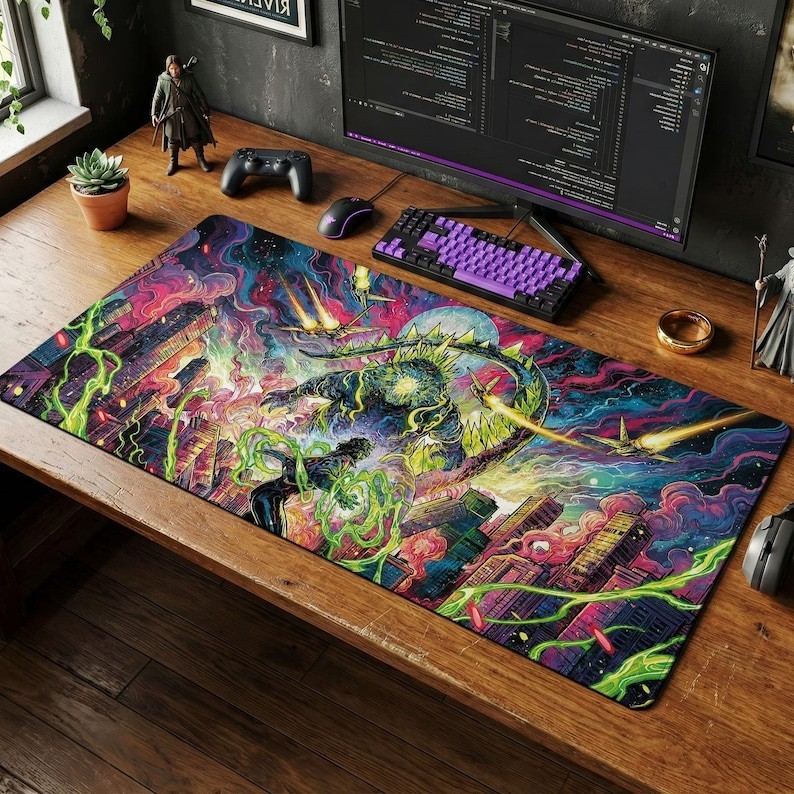 Godzilla Psychedelic Desk Mat, Neon Kaiju Mouse Pad Accessories