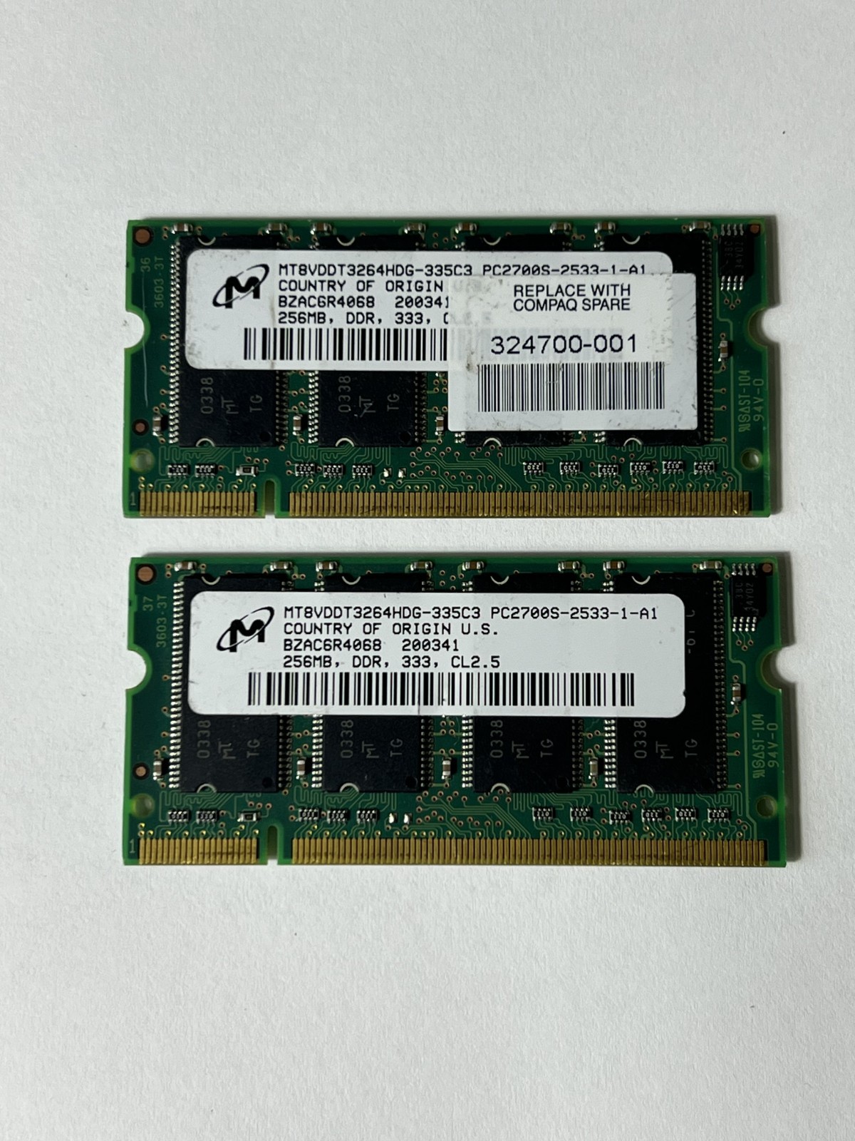 2 x Micron MT8VDDT3264HDG-335C3 PC2700S-2533-1-A1  256MB x 2 DDR 333  CL2.5  RAM