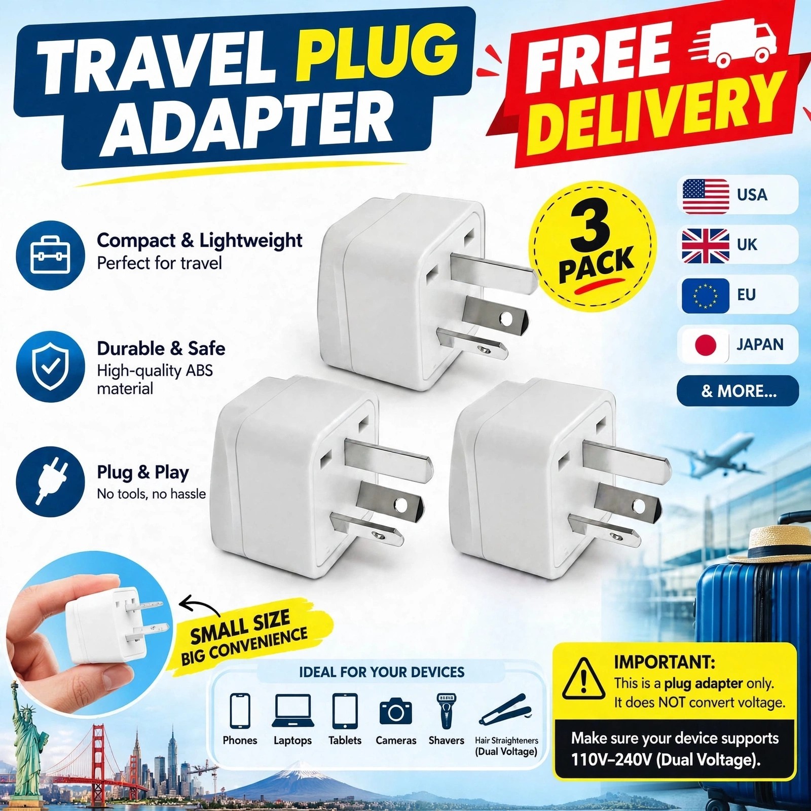 3 PCS Universal Travel Adapter AU Plug US EU UK Japan Italy Swiss 10A 250V 3 Pin