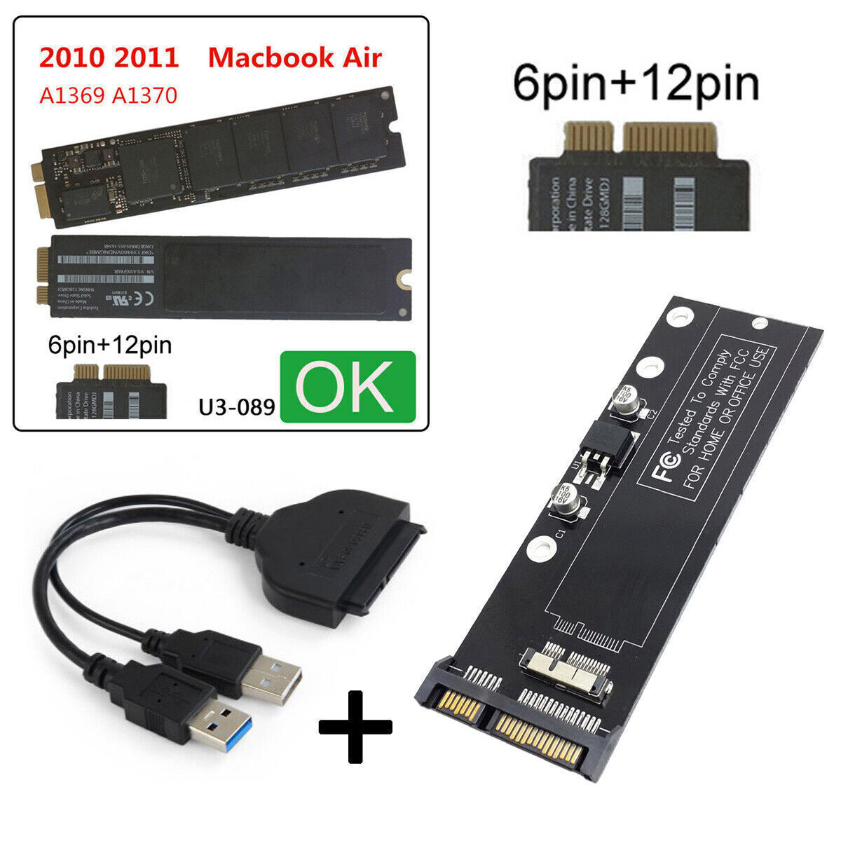 12+6pin SSD  HDD -USB 3.0 Hard Disk Drive for 2010 2011 Macbook Air A1369 A1370