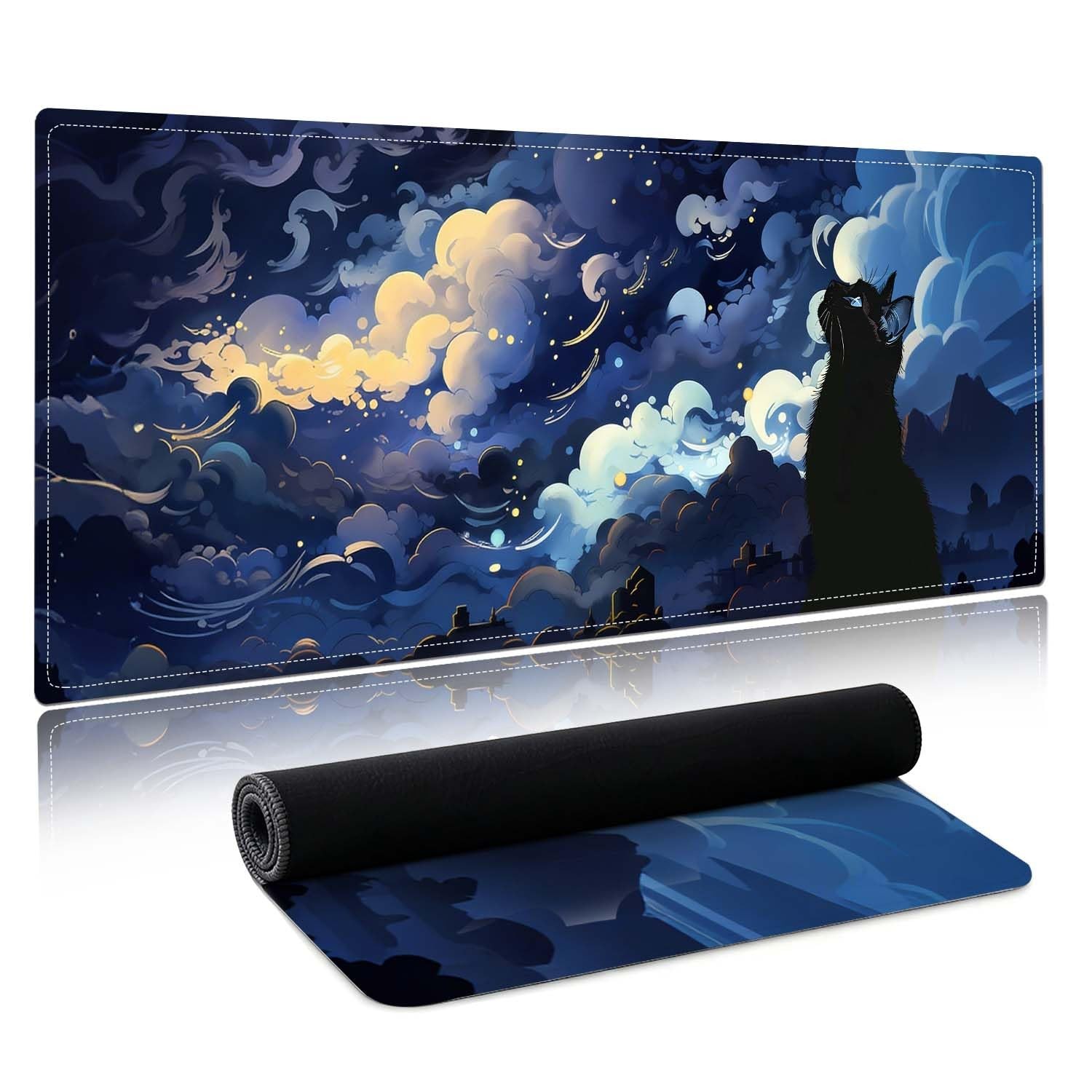 Nightcat Starry Night Cat Mouse Pad Large Desk Mat with Stitched Edges