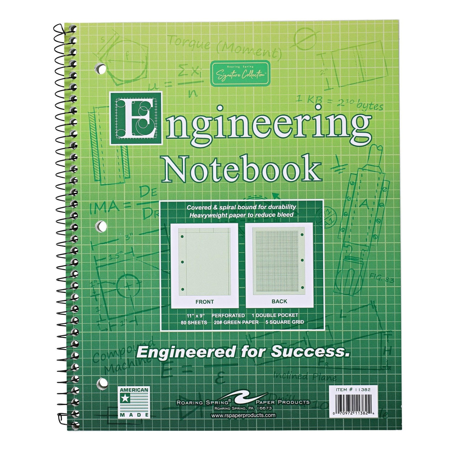 Engineering Notebook 5x5 Graph Paper 8.5 x11 80 Sheets Green Roaring Spring Led