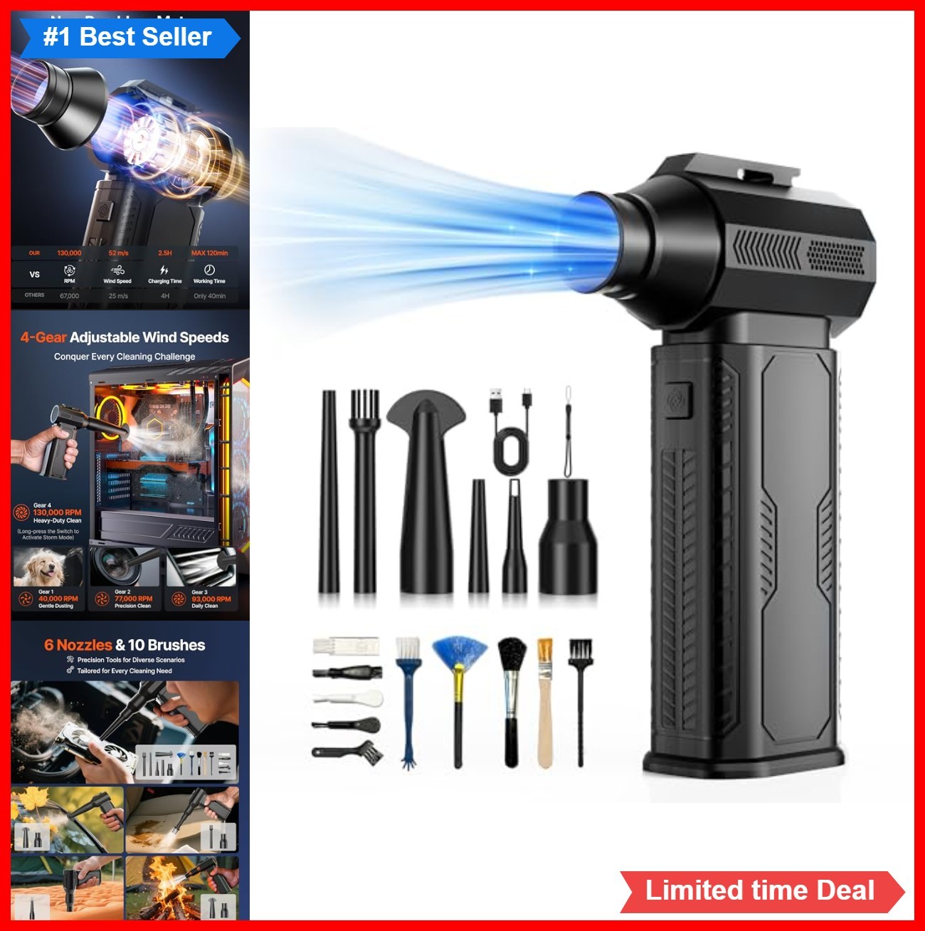 Electric Air Duster 130000 RPM 8000mAh Rechargeable 4 Speed Cordless with