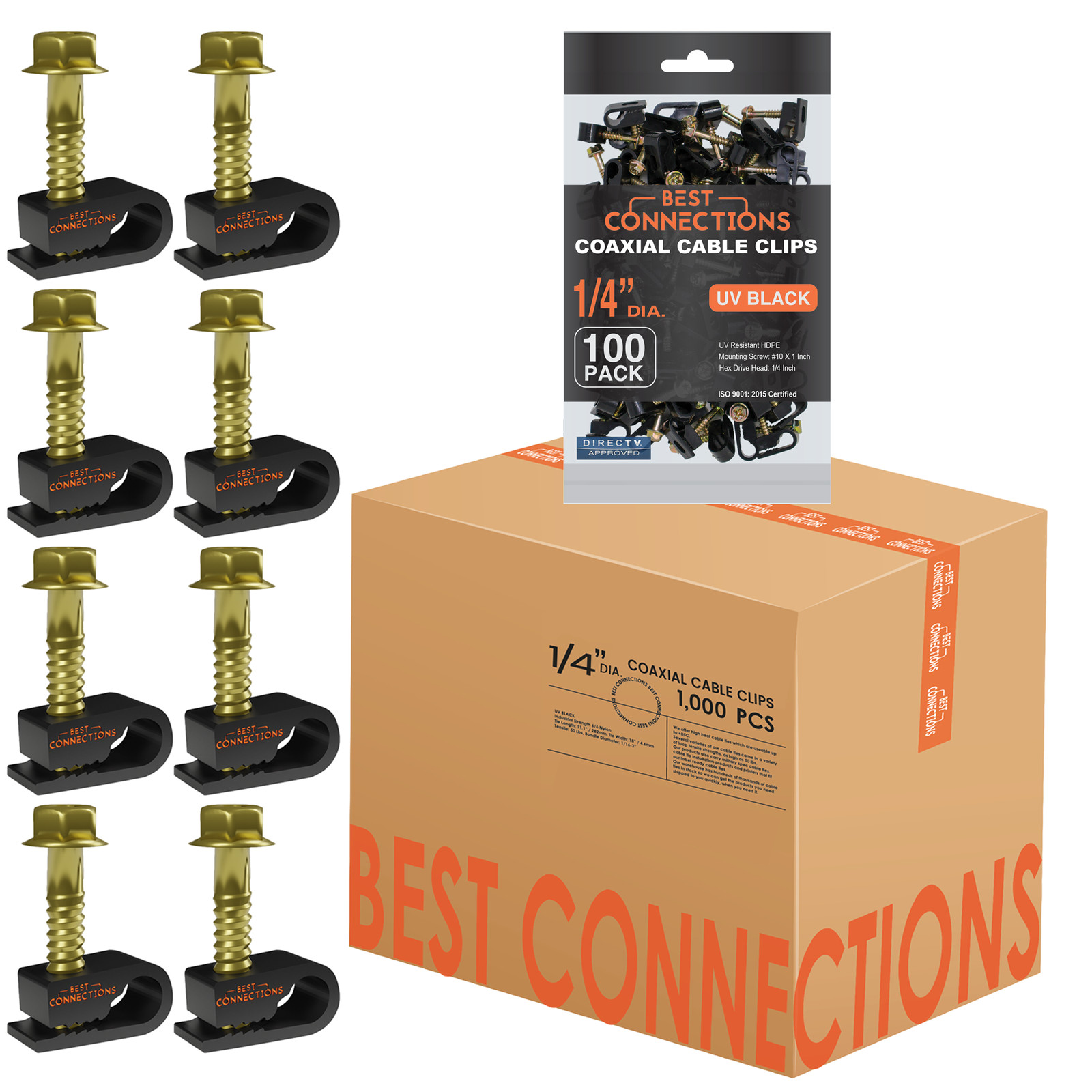 1000 pcs Single Black Mounting Coaxial Flex Clips w/ Pre-Inserted Screw RG6, RG5