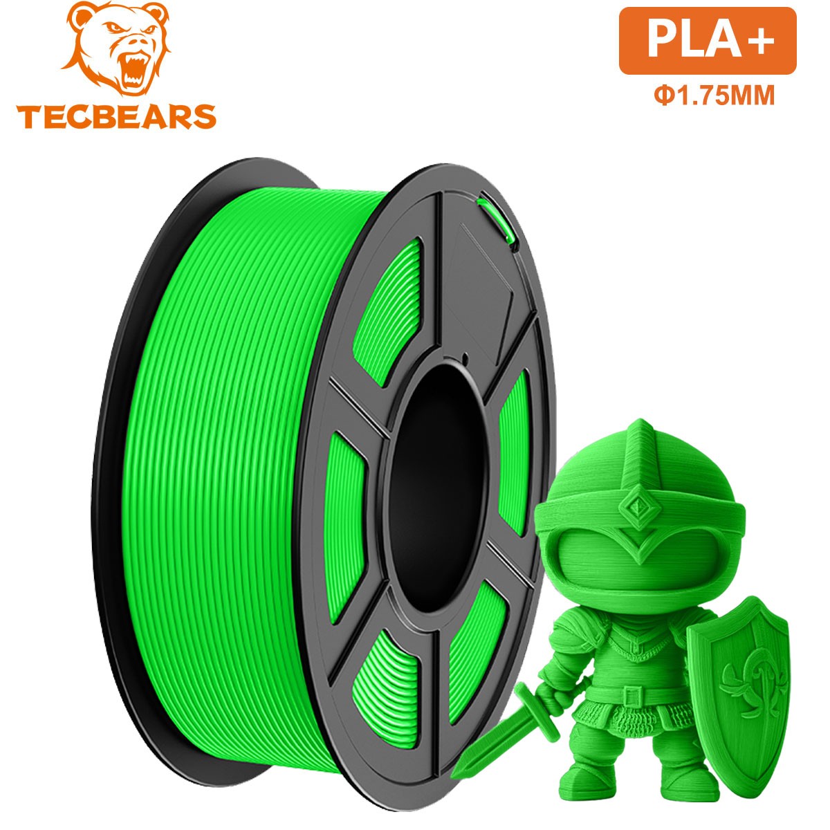 TECBEARS PLA Plus Filament 1KG Green 1.75mm 3D Printer Filament PLA+ Neatly