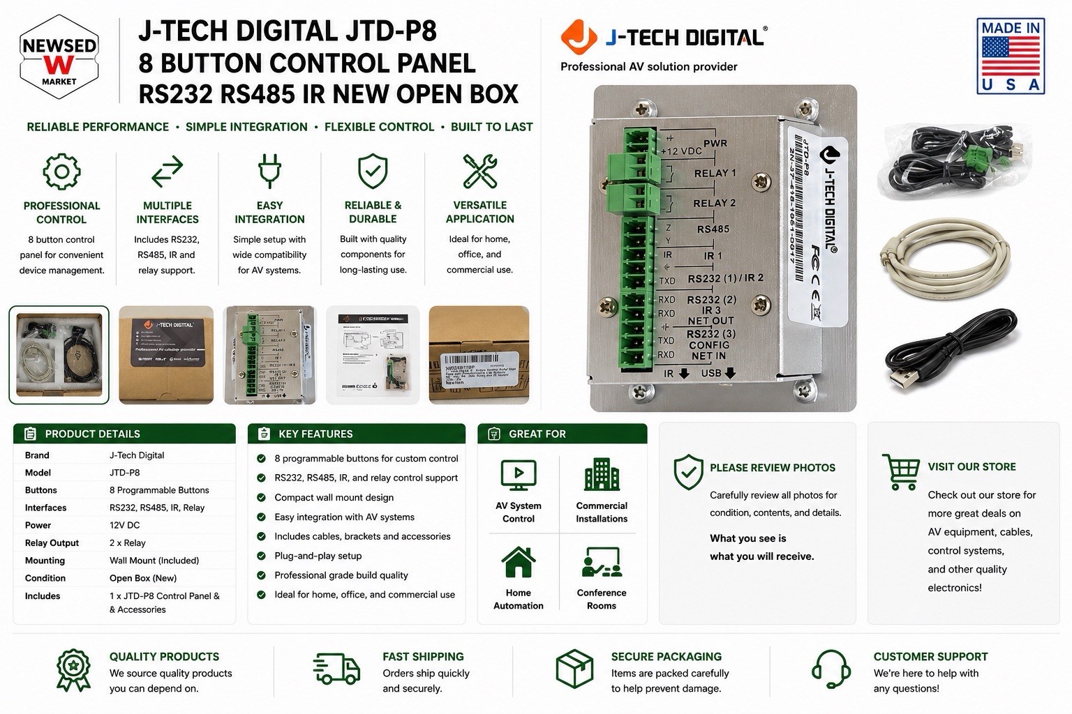 J-Tech Digital JTD-P8 8 Button Control Panel RS232 RS485 IR New Open Box