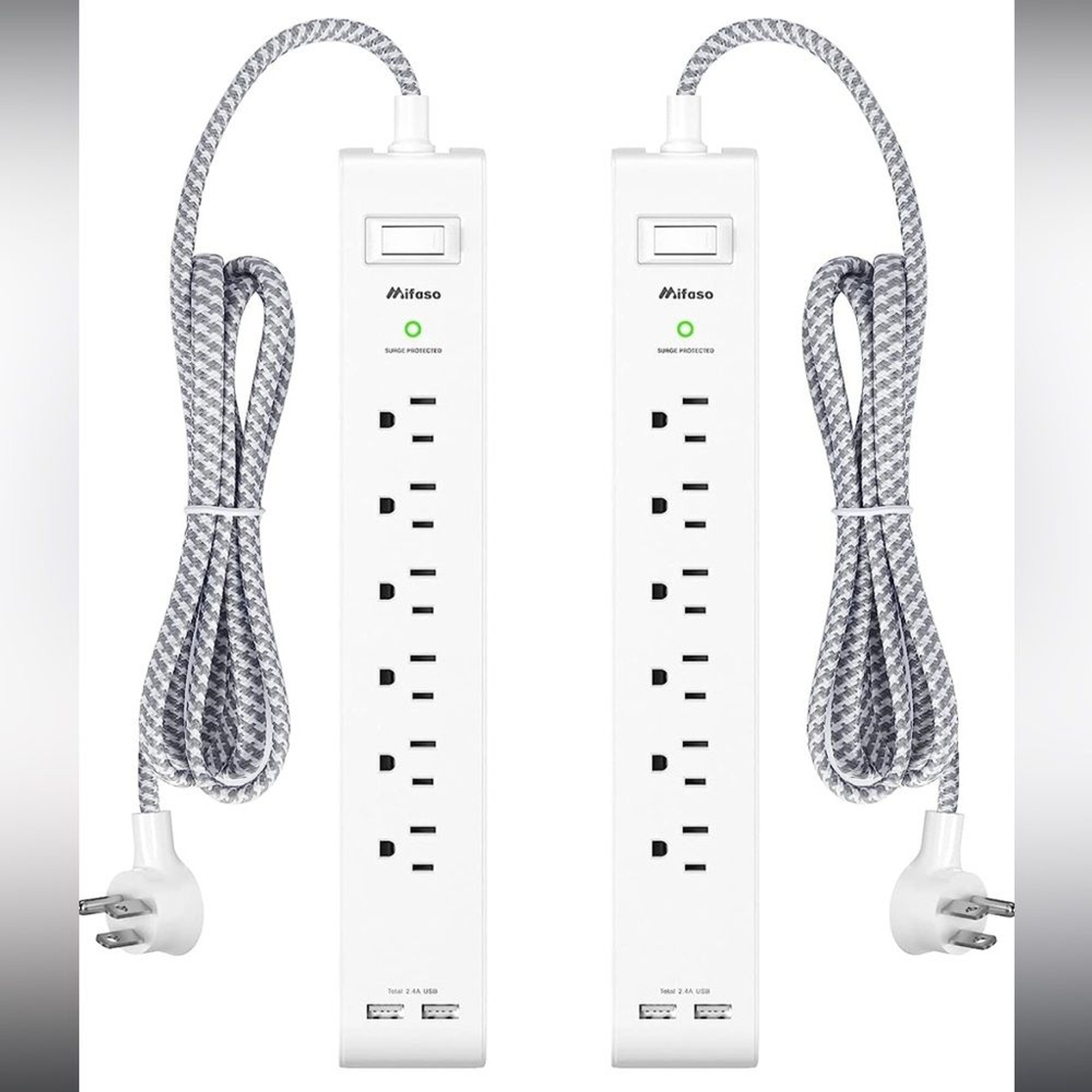 2 Pack Power Strip Surge Protector, 6 Outlets 2 USB Ports 5Ft Extension Cords
