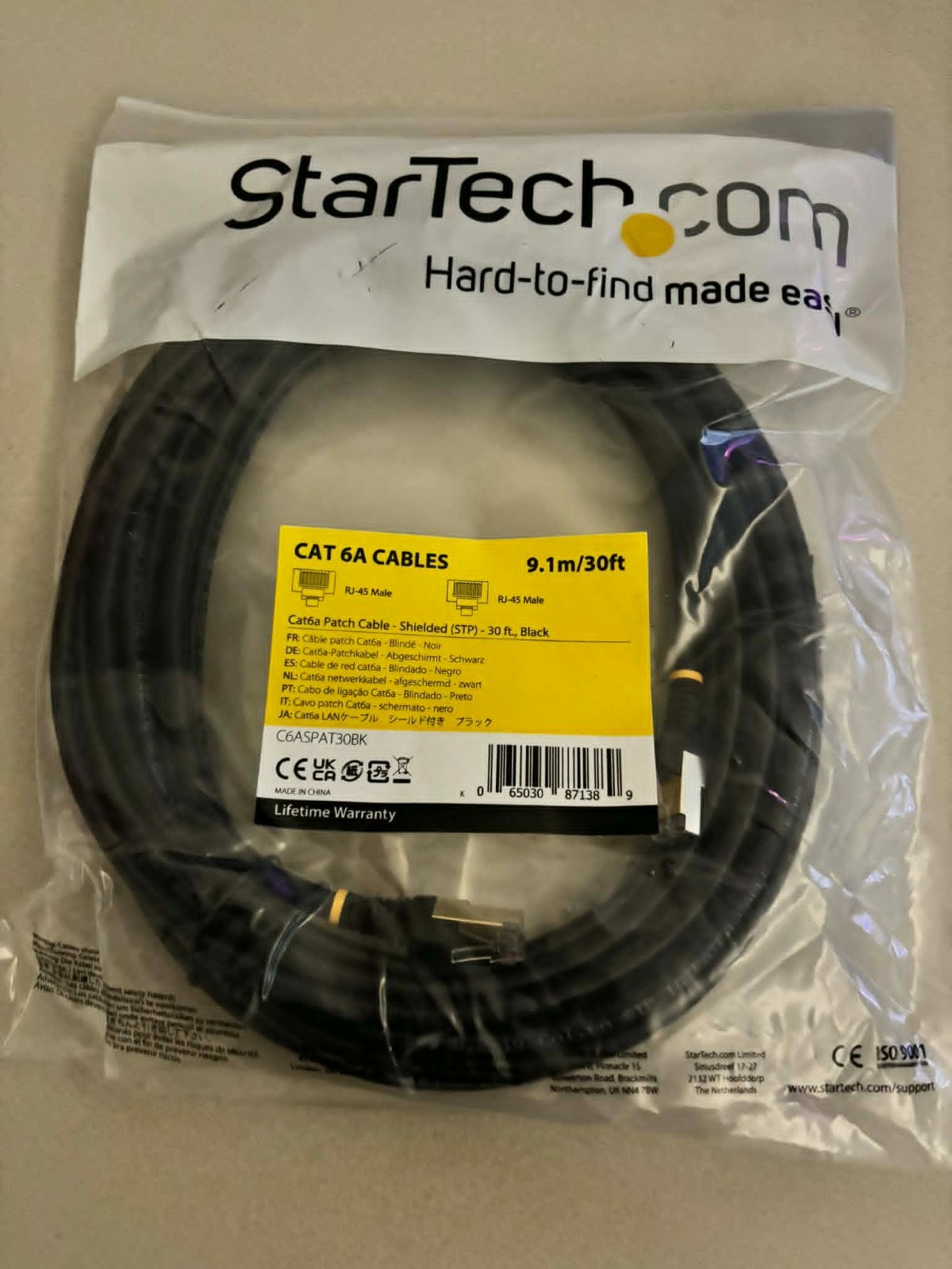 StarTech C6ASPAT30BK 30ft Black Cat6a Shielded Patch Cable