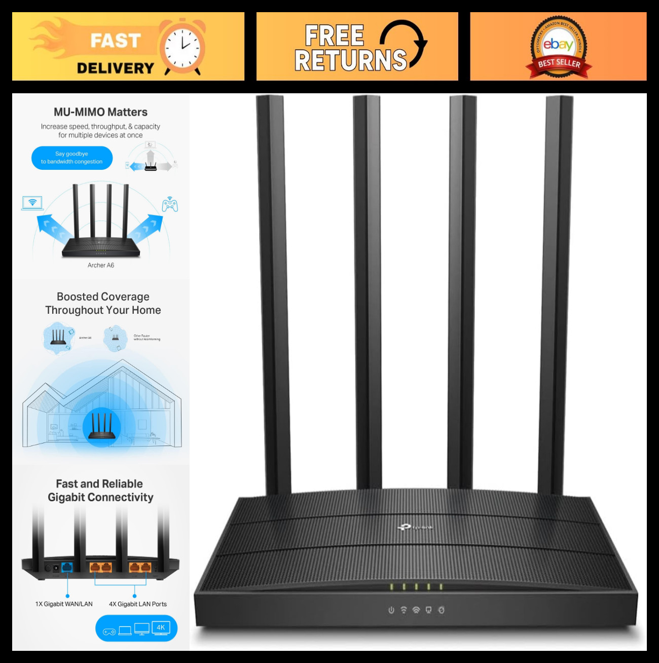 AC1200 Dual Band Gigabit WiFi Router, High-Speed Internet, Easy Setup, Home Netw