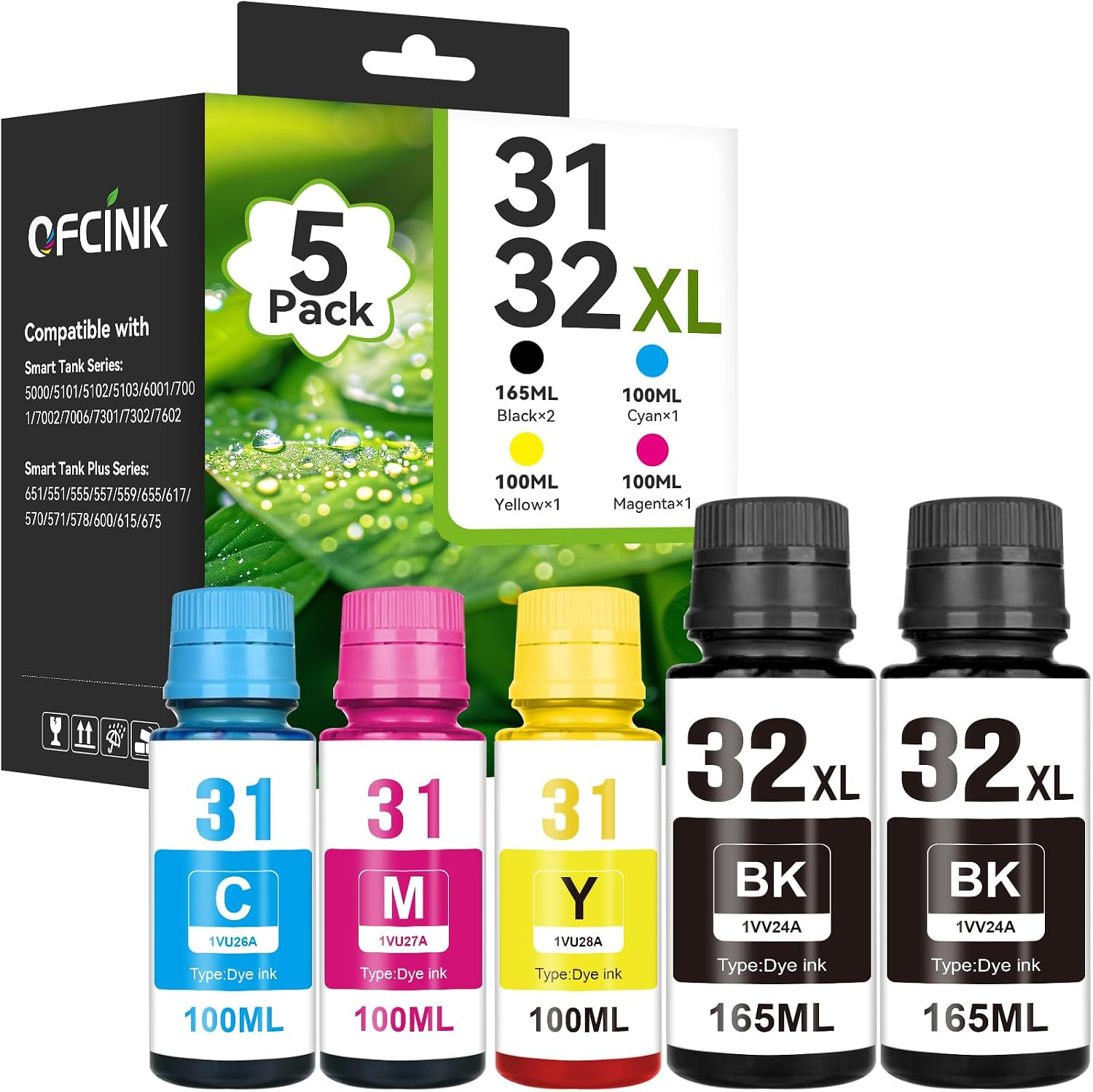 31 32XL Ink Bottle Set, Smart Tank 5000 5101 7602 570 651 Ink Refill Compatible