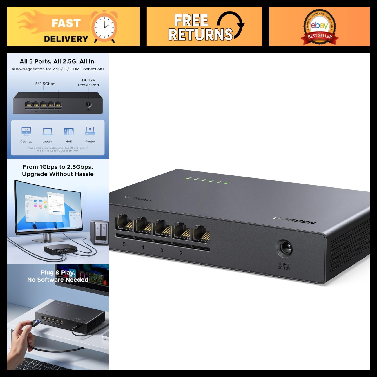 5-Port 2.5Gb Ethernet Switch, High-Speed Network Hub, Plug & Play, Easy Setup