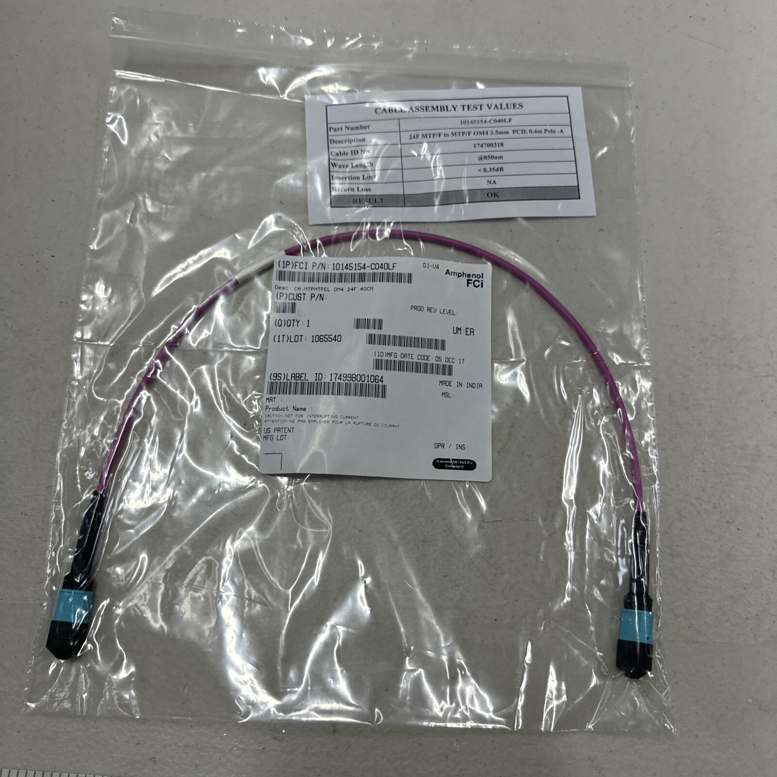 10 Each 24F MTP/F OM4 MTP/F MULTIMODE ELITE TRUNK CABLE 3.5MM, 10145154-C040LF