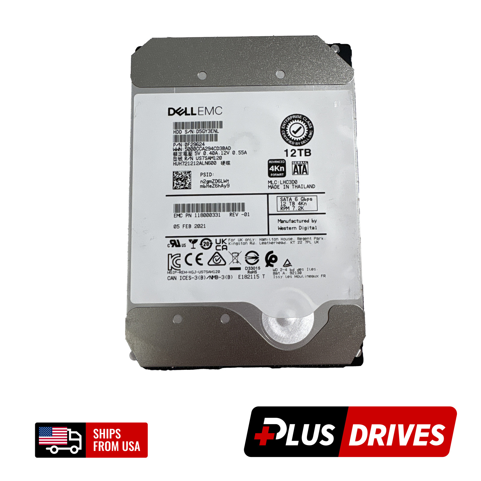 12TB SATA Dell EMC 1180003 3.5" 7.2K RPM 6Gbps 256MB 4Kn Enterprise Server Drive