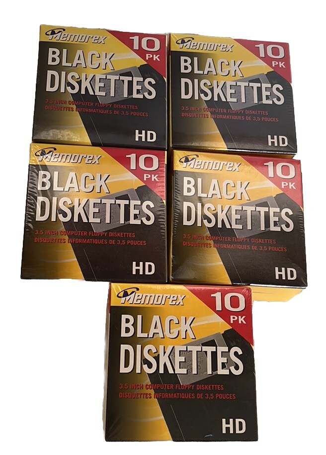 5 Vtg Boxes NOS 2003 Memorex Black Diskettes 3.5" HD Computer Floppy Disks 10 Pk