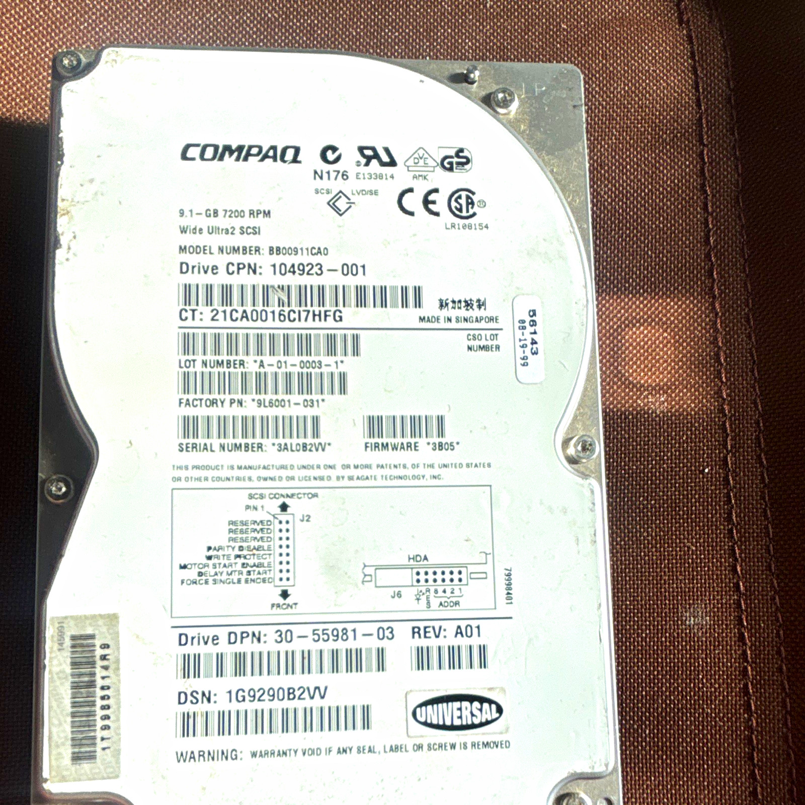 Compaq 9.1GB 2.5in Wide Ultra2 SCSI LVDS 7200RPM Internal HDD 104923-001