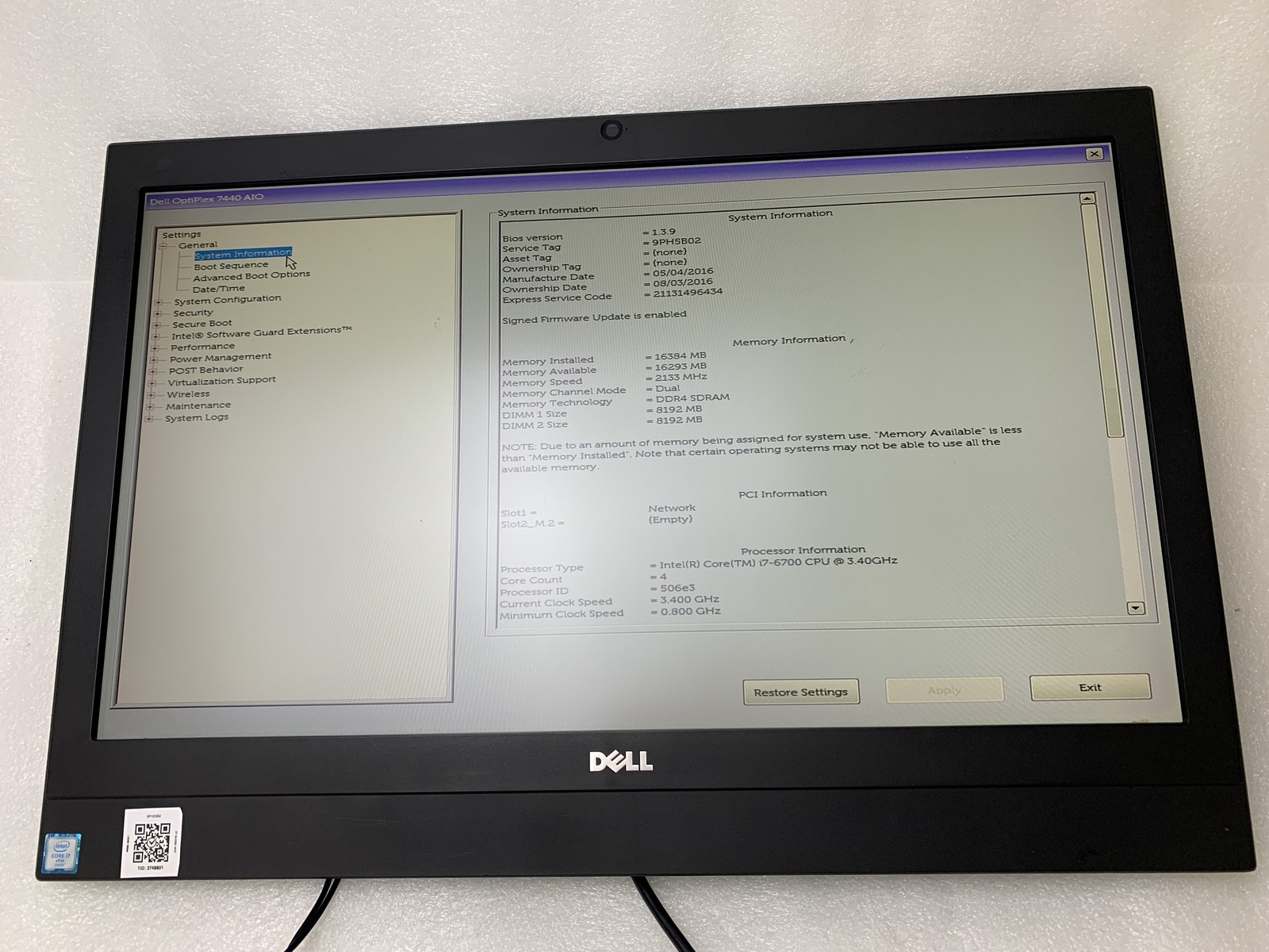 Dell OptiPlex 7440 AIO 23" Core i7-6700 3.4GHz 16GB RAM 500GB HDD NO OS NO STAND