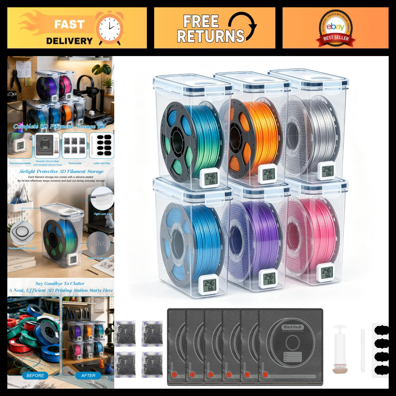 6PCS 3D Printer Filament Storage Box Kit - Airtight Sealing for Filament Preserv