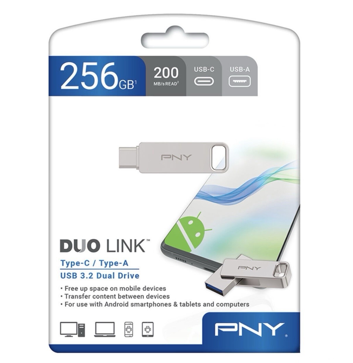 PNY 256GB Duo Link USB 3.2 Type-C Dual Flash Drive for Android Devices NEW