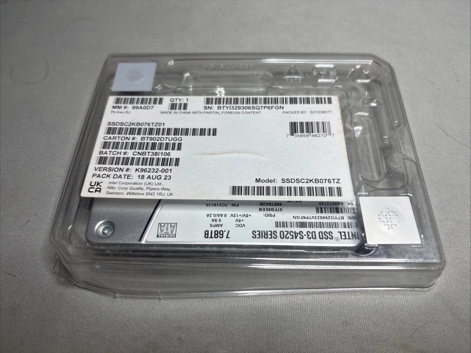 Intel D3-S4520 7.68TB Enterprise SATA SSD SSDSC2KB076TZ - ATA LOCKED 