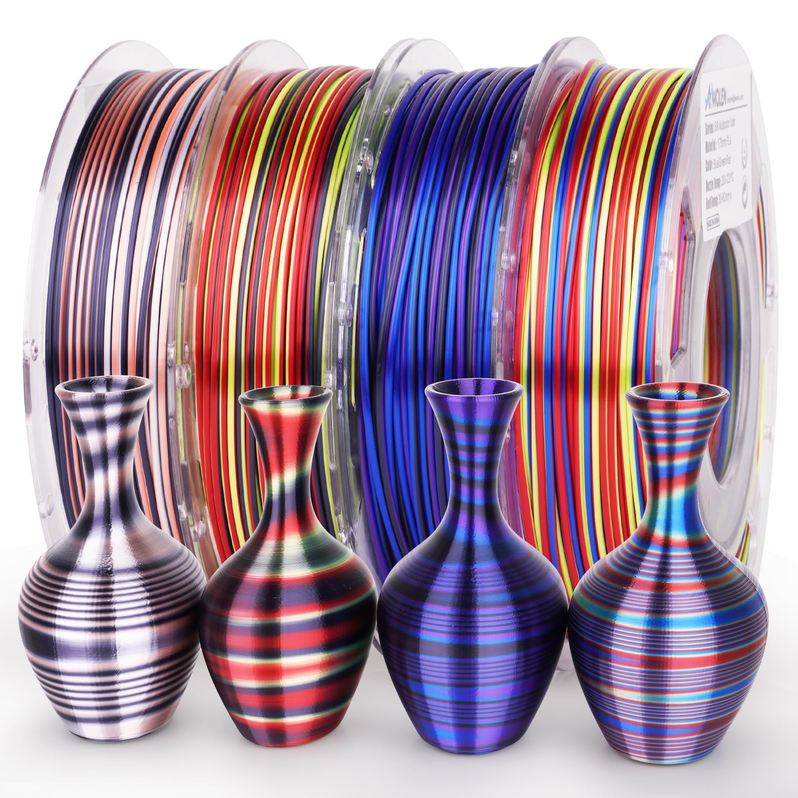 AMOLEN Silk PLA 3D Printer Filament Bundle, Shiny Multicolor Rainbow PLA Fila...