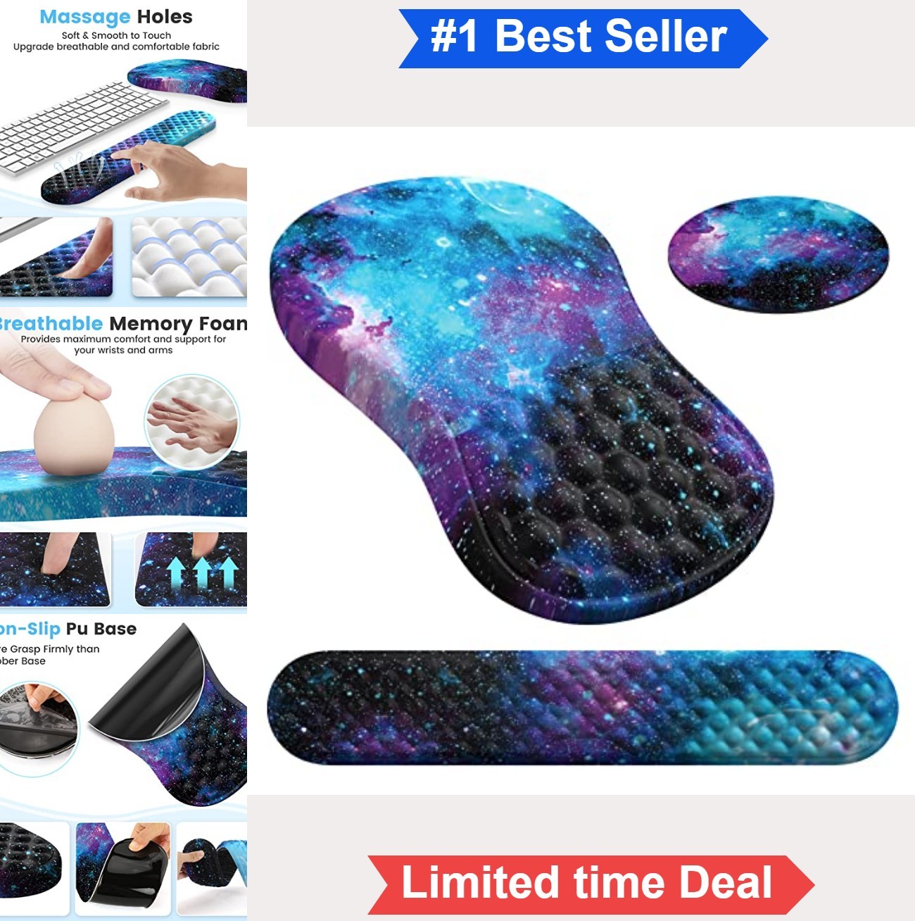 Ergonomic Desk Mat Set 3 Piece Memory Foam Wrist Support Keyboard Mouse Pad