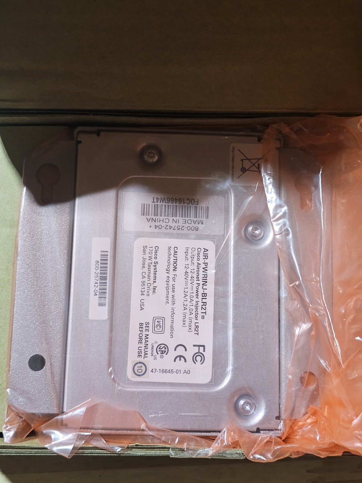 Cisco AIR-PWRINJ-BLR2T Aironet LR2T 48V Power Injector New In Box