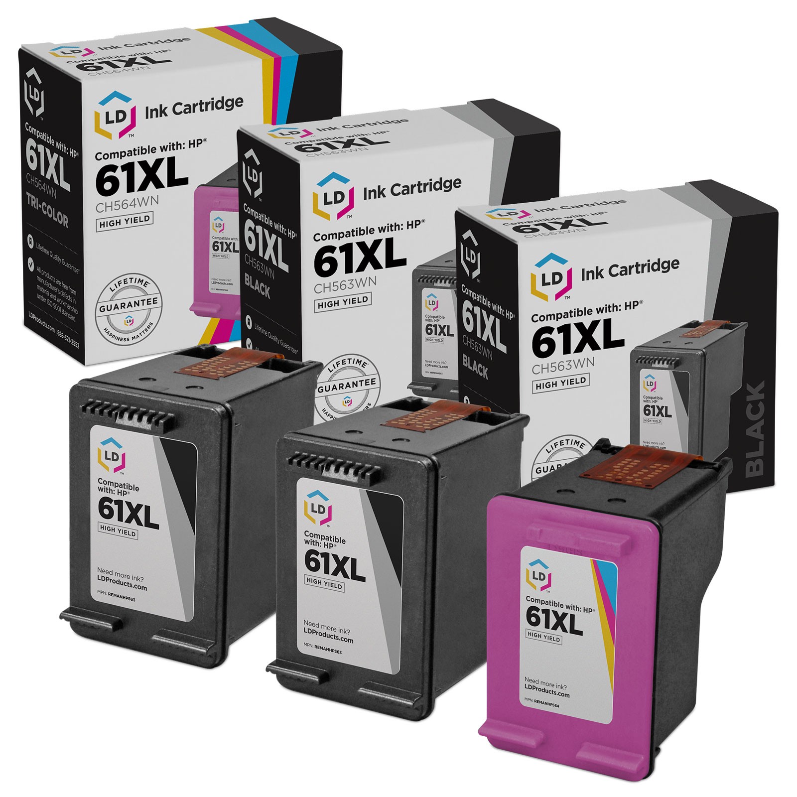 LD Replacement Replacements for HP 61XL 3pk Ink 2 CH563WN Black 1 CH564WN Color