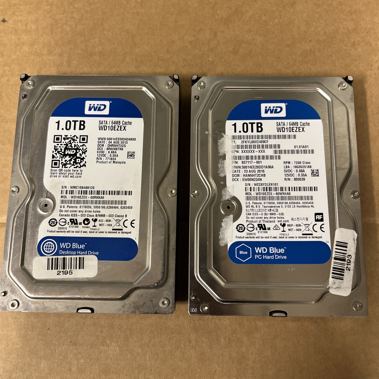 LOT OF 2 WESTERN DIGITAL WD10EZEX 1TB HARD DRIVES