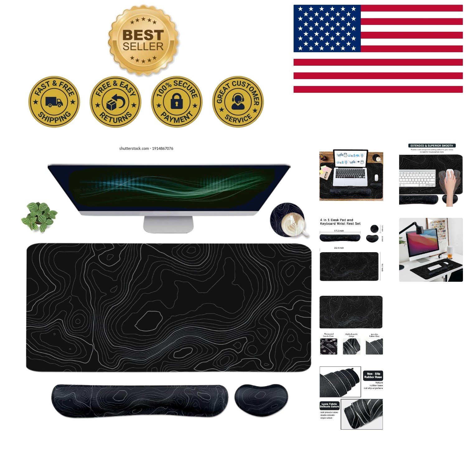 Ergonomic Topographic 35.4" Mouse and Wrist Pad Set - Ideal for Home Office