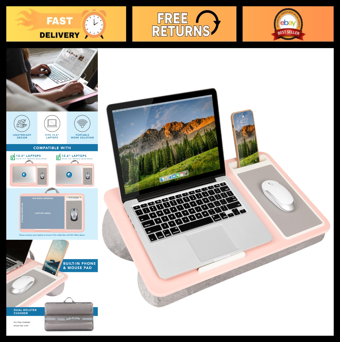 Pink Home Office Lap Desk for 15.6" Laptops - Portable, Lightweight & Stylish