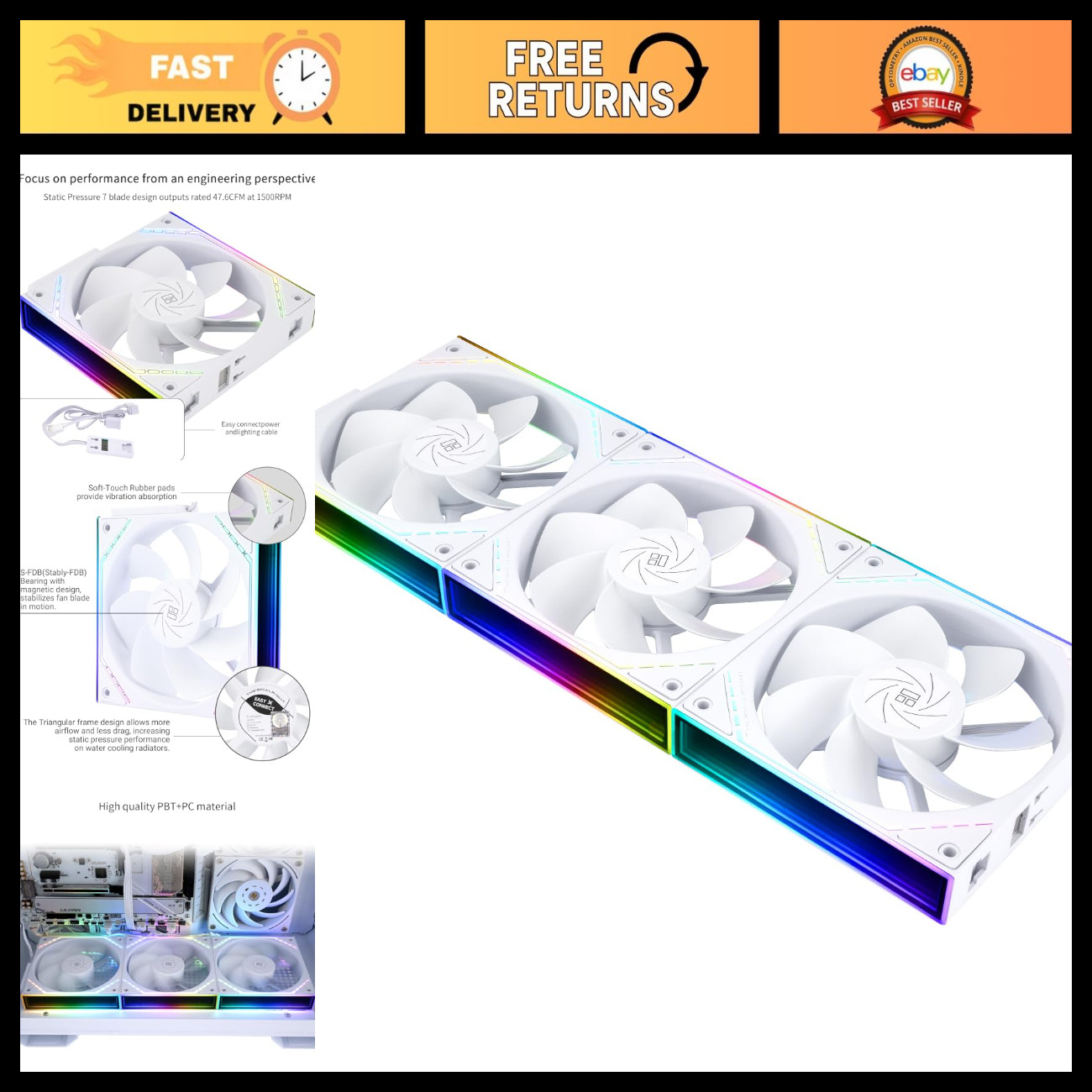 120mm RGB Case Fan - Wireless Splicing CPU Cooler, PWM Silent Cooling, 1500RPM