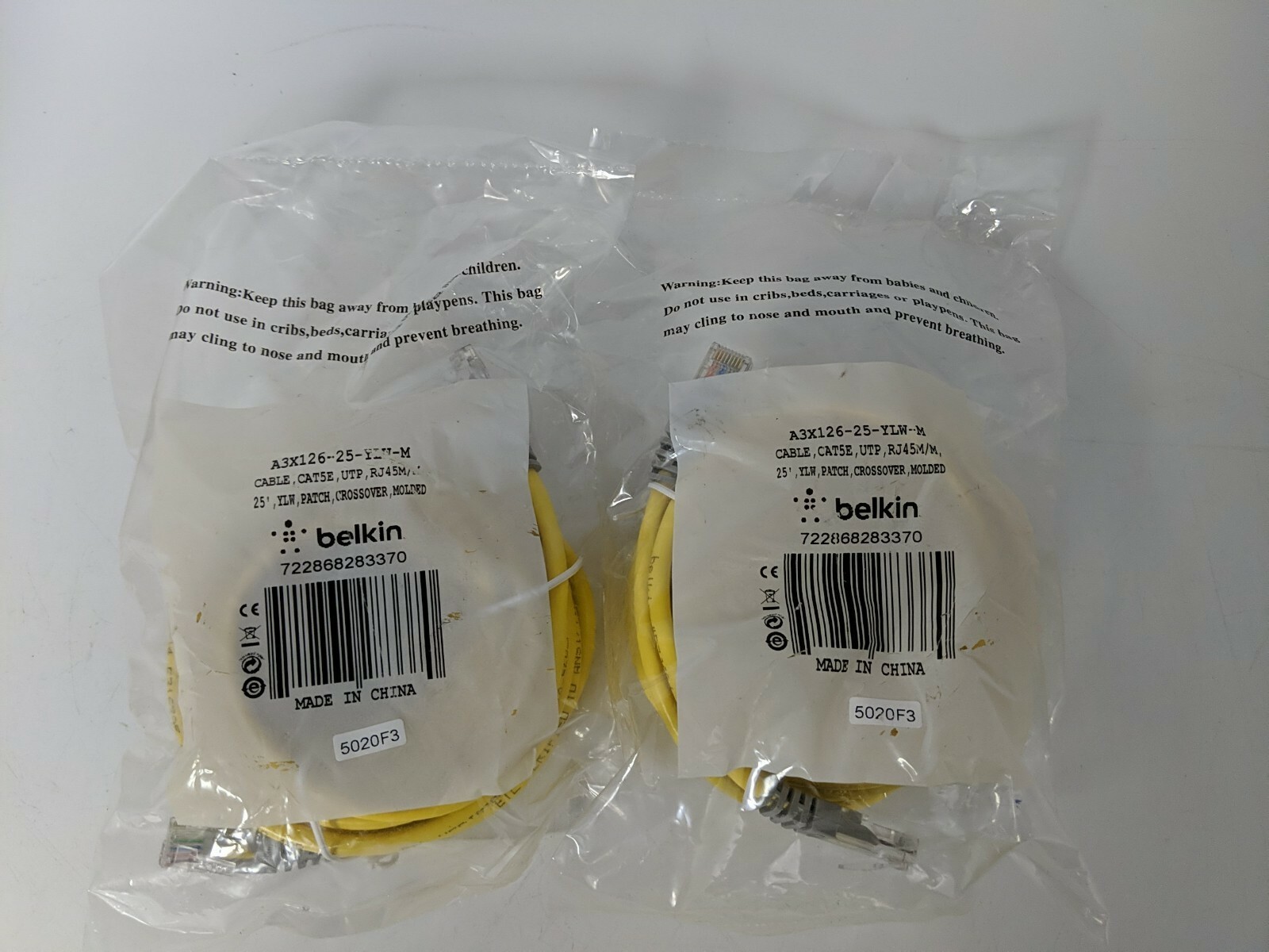 LOT OF 2 BELKIN CABLE, CAT5E, UTP, RJ45M/M A3X126-25-YLM-M 25'