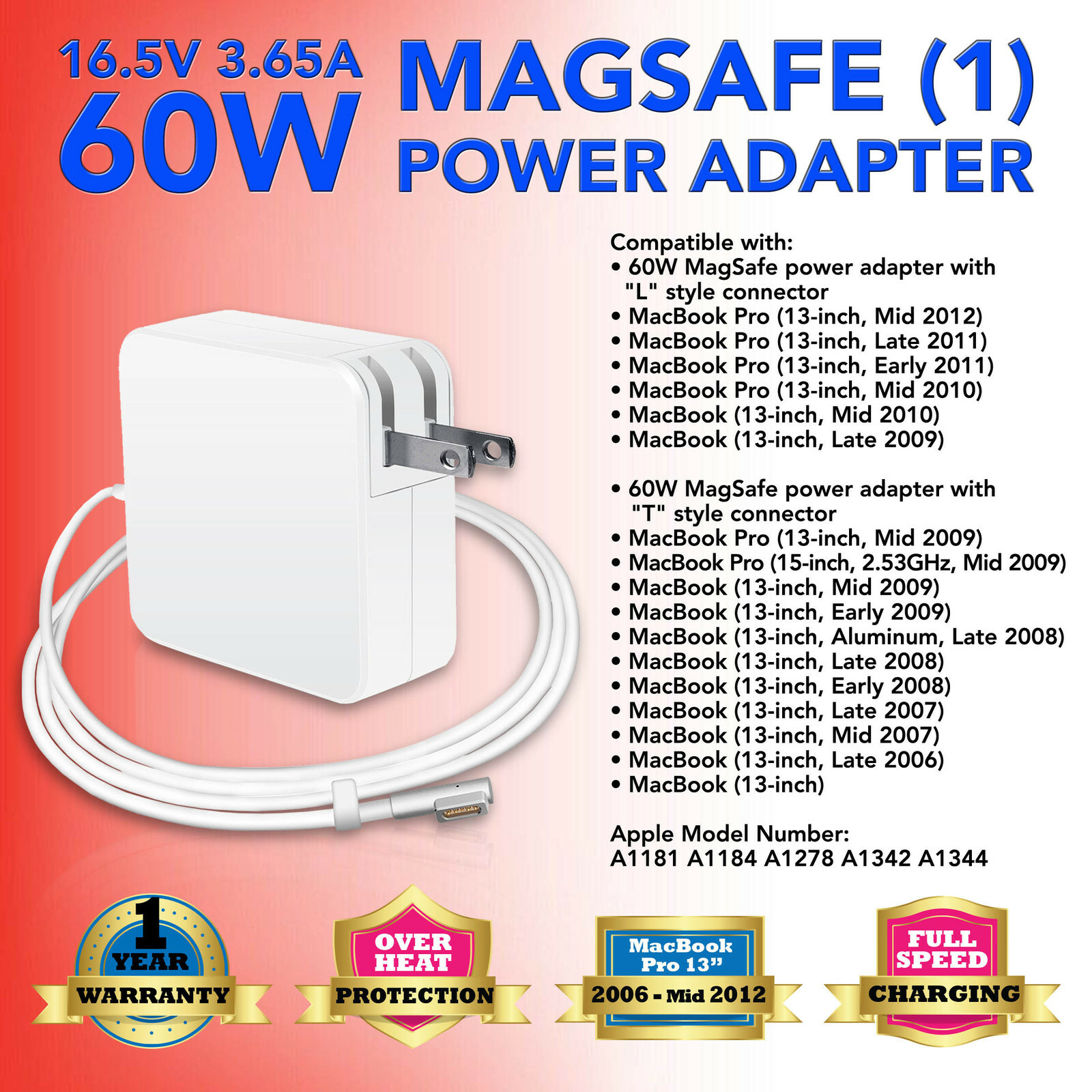 60W 16.5V  Power Adapter Charger for APPLE MacBook Pro 13" A1184 A1181 2007 2008