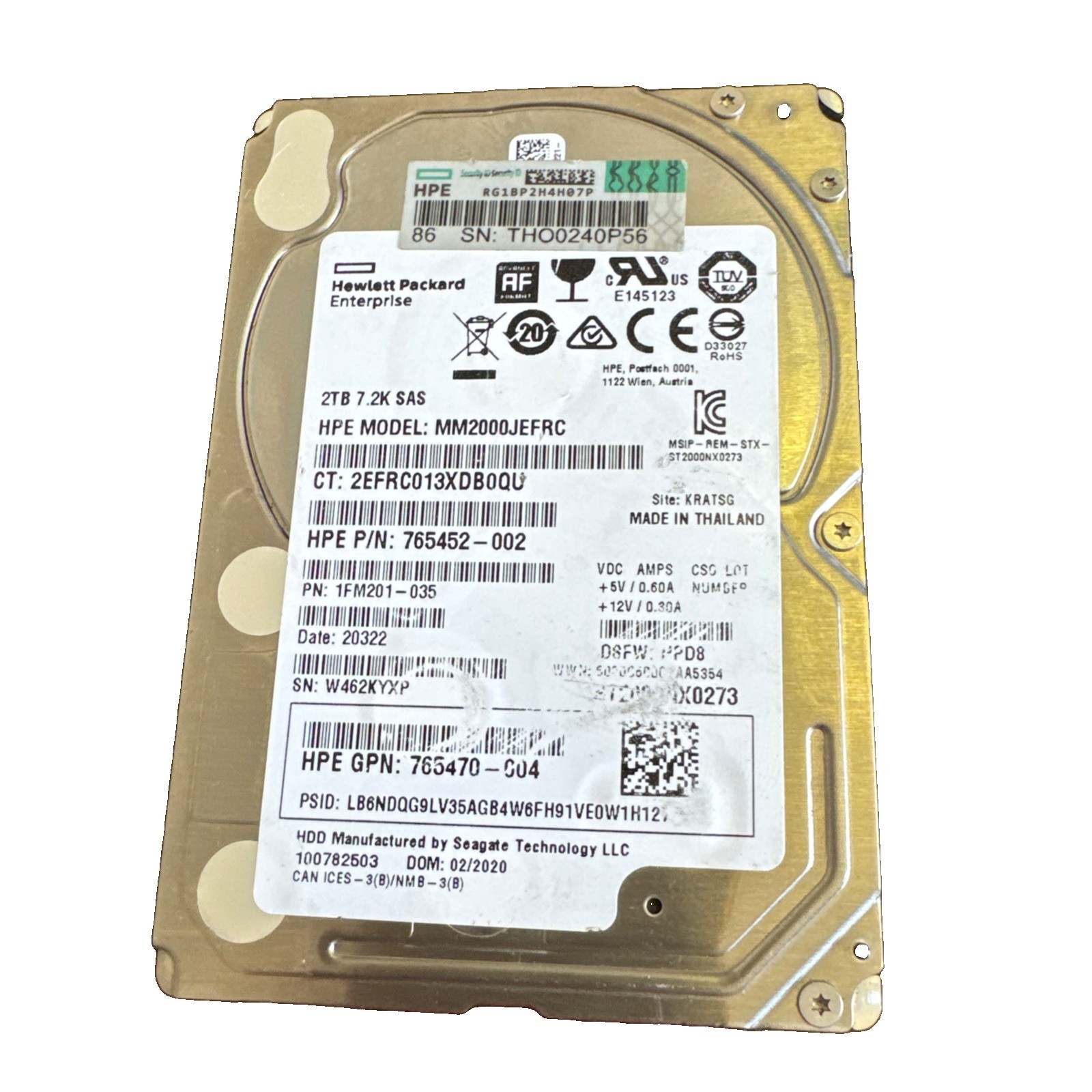 HP 2TB 7.2K 12Gb 2.5" SAS HDD ST2000NX0273 MM2000JEFRC 765452-002
