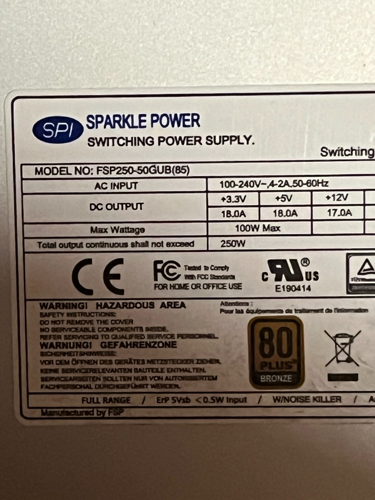 Sparkle Power FSP250-50GUB 80+ Bronze 250W 12V 5-2.5A Power Supply