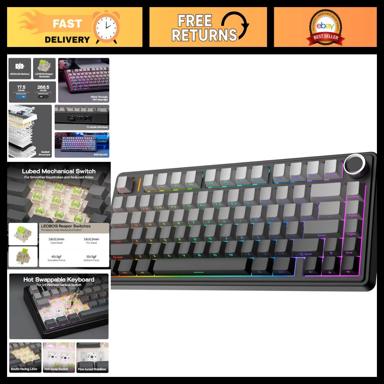 75% Wireless Hot Swappable Mechanical Gaming Keyboard, RGB, BT/USB-C, Knob, Blac