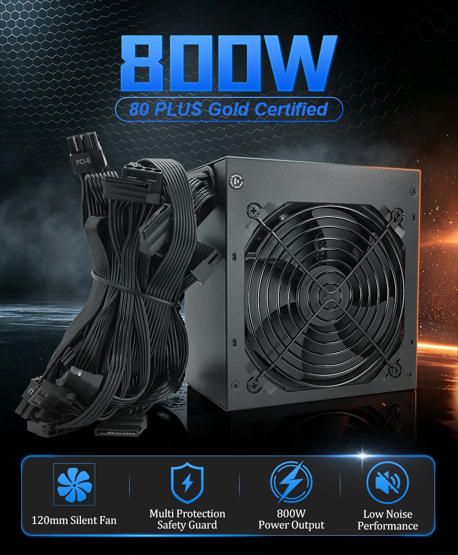 800W Computer Power Supply 90% Efficiency Non-Modular Desktop Gaming PC PSU