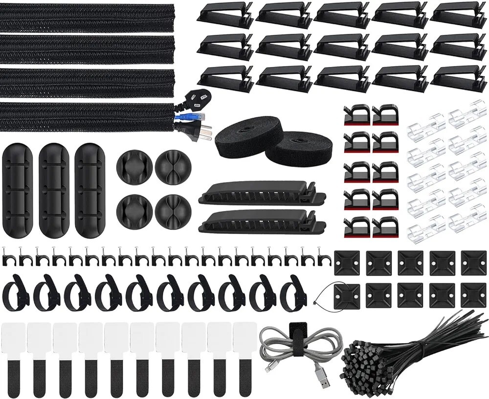 SOULWIT 134Pcs Cable Management Kit, 4 Cable Tubing Sleeve, 3 Silicone Cable Hol