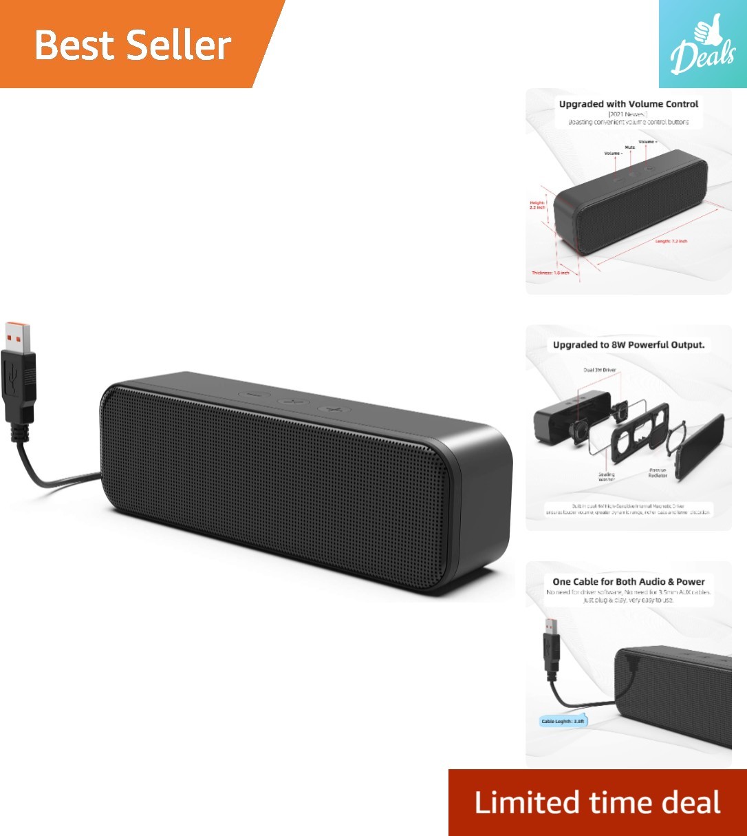 Stereo USB Computer Speaker: Small Soundbar with Enhanced Bass & Volume Control