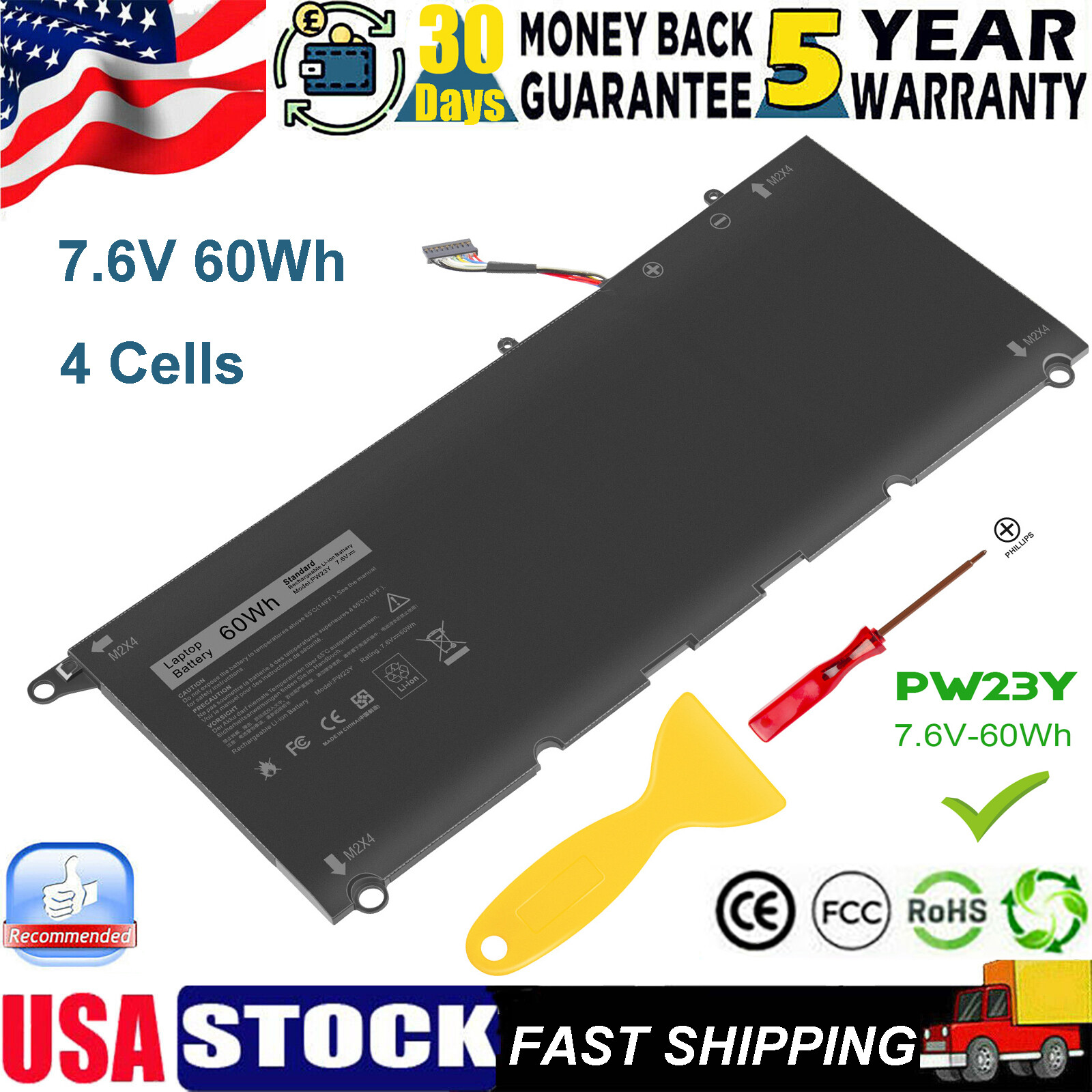 NEW 60Wh PW23Y Laptop Battery For Dell XPS 13 9360 D1605G 0RNP72 0TP1GT 0PW23Y